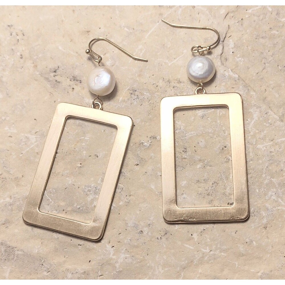 Genuine Cultured Peal Rectangle Statement Earrings Brushed Gold tone